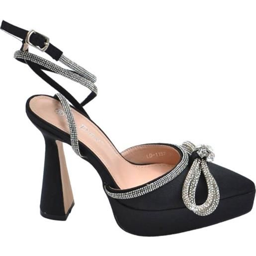 Malu Shoes scarpe decollete donna gioiello nero argento in raso con plateau 3 cm e tacco alto 15 cm cinturino alla caviglia moda