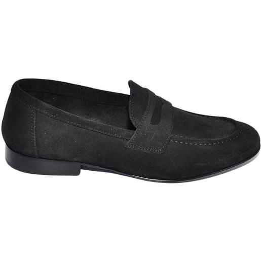 Malu Shoes scarpe uomo mocassino in vera pelle camoscio nero bendina tono su tono suola in cuoio con antiscivolo elegante