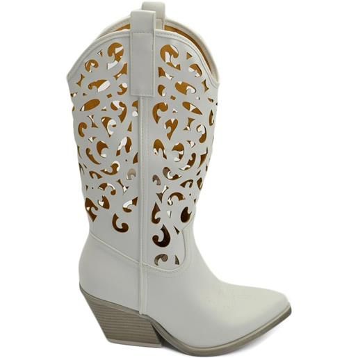 Malu Shoes stivali donna camperos texani bianchi ecopelle forato tacco 5 cm western comodo gomma altezza meta' polpaccio