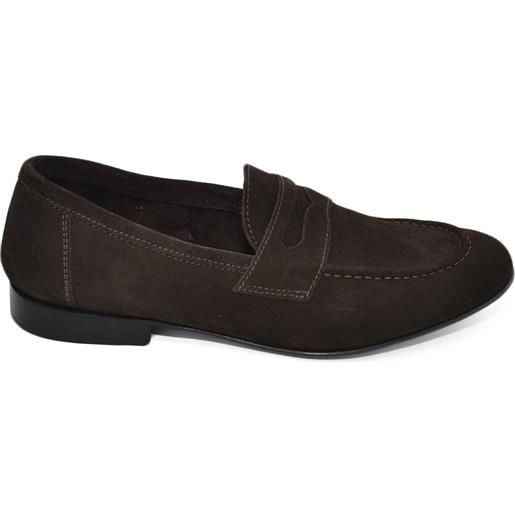 Malu Shoes scarpe uomo mocassino in vera pelle camoscio marrone bendina tono su tono suola in cuoio con antiscivolo elegante