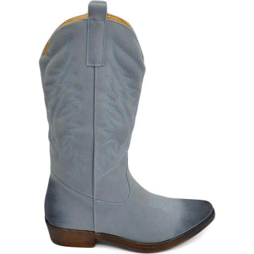 Malu Shoes stivali donna camperos texani stile western azzurr con fantasia laser su pelle scamosciata tinta unita altezza polpaccio
