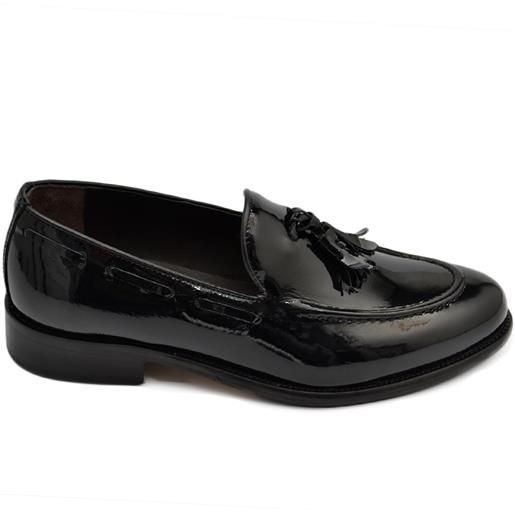 Malu Shoes scarpe uomo mocassino elegante cerimonia in vera pelle lucida nera con nappe fondo cuoio con antiscivolo made in italy