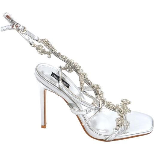 Malu Shoes sandalo gioiello donna con tacco 12 argento inserti di strass luccicanti cinturino alla caviglia effetto piede nudo moda