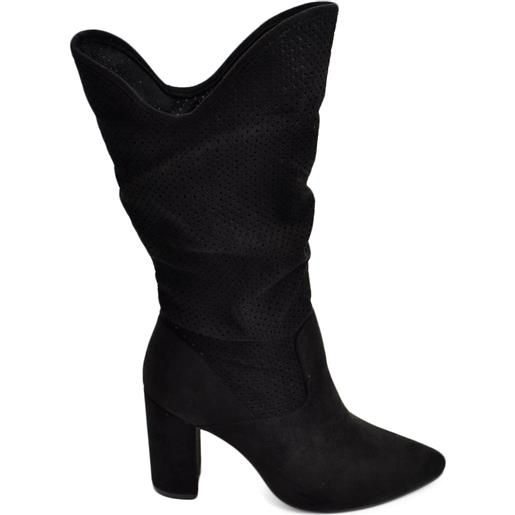 Malu Shoes stivaletti alti tronchetti donna pelle scamosciata nero a punta tacco squadrato taglio asimmetrico moda glamour tendenza