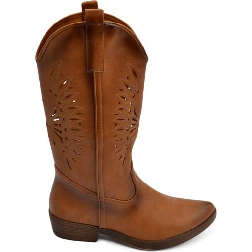 Malu Shoes stivali donna camperos texani stile western cuoio con foratura laser su pelle tinta unita altezza polpaccio