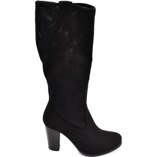 Malu Shoes stivali donna nero plateau gambale traforato altezza ginocchio con tacco grosso comodo e zip fibbia regolare