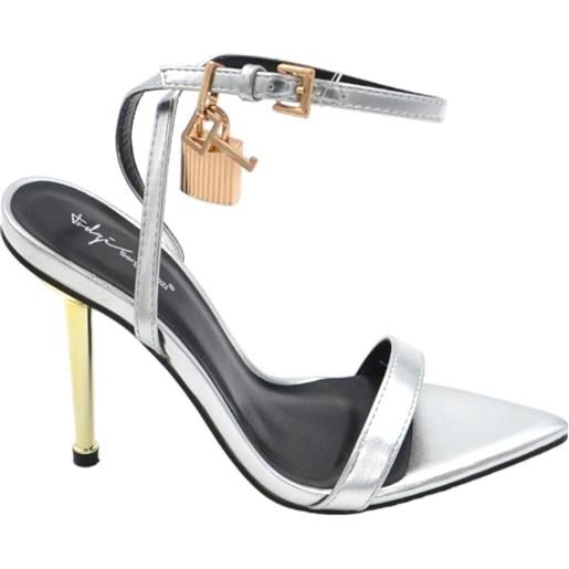 Malu Shoes sandalo tacco argento a punta con lucchetto tacco sottile 12 cm oro chiusura alla caviglia moda cerimonia