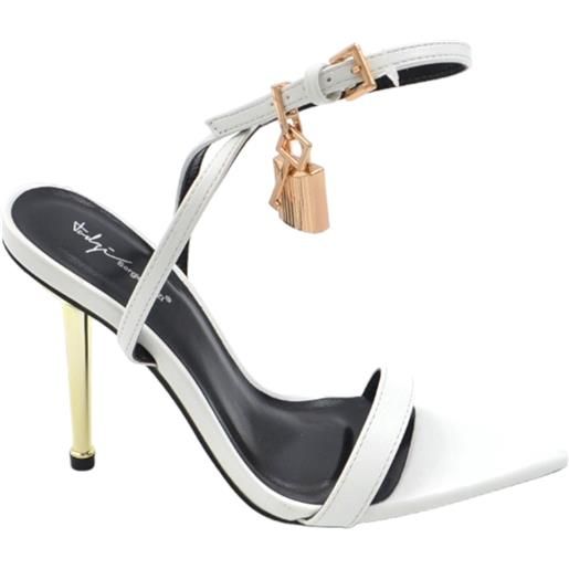 Malu Shoes sandalo tacco bianco a punta con lucchetto tacco sottile 12 cm oro chiusura alla caviglia moda cerimonia
