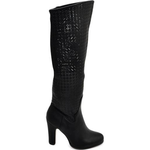 Malu Shoes stivale donna alto rigido in pelle nero traforato tacco largo liscio linea basic a punta tonda moda altezza ginocchio