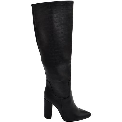 Malu Shoes stivale donna alto rigido in pelle nero traforato tacco largo liscio linea basic a punta moda altezza ginocchio zip