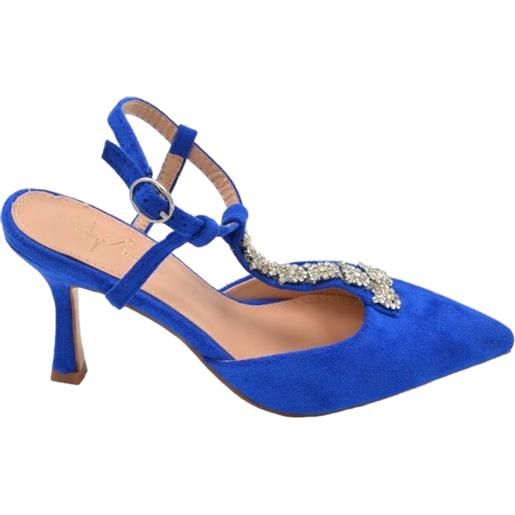 Malu Shoes scarpe decollete donna punta slingback in raso blu applicazione di strass tacco a spillo basso 6cm chiusura caviglia