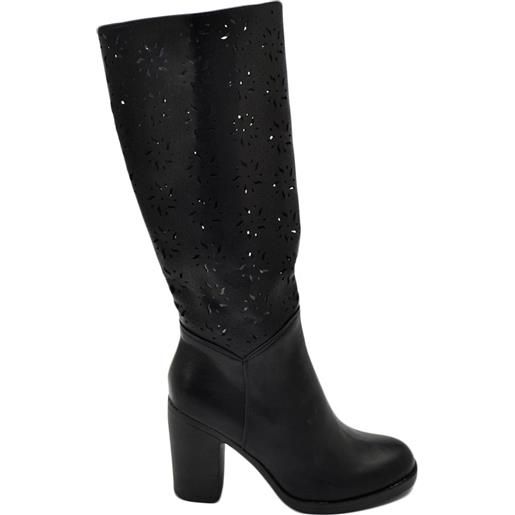 Malu Shoes stivali donna alto punta tonda nero gambale traforato puntinato al ginocchio tacco largo 9 cm moda elegante