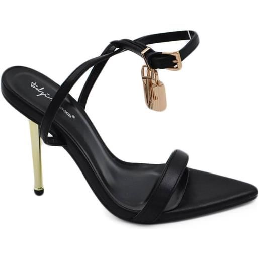 Malu Shoes sandalo tacco nero a punta con lucchetto tacco sottile 12 cm oro chiusura alla caviglia moda cerimonia