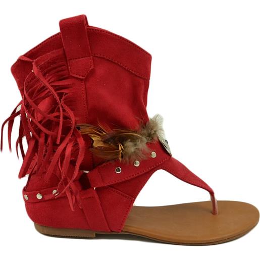 Malu Shoes indianini donna rosso estivi infradito alla caviglia freschi con piume e frange fondo in gomma comode moda ibiza