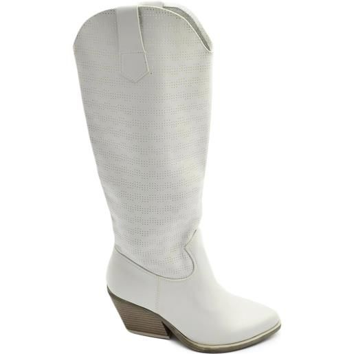 Malu Shoes stivali donna camperos texani microforato bianco pelle tacco western 7 comodo gomma altezza ginocchio estivo