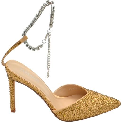 Malu Shoes decollete' donna gioiello elegante in tessuto oro con strass tacco a spillo 12cm cinturino gioiello effetto nudo