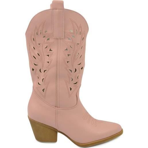 Malu Shoes stivali donna camperos texani rosa pastello pelle forato tacco western comodo gomma altezza meta' polpaccio