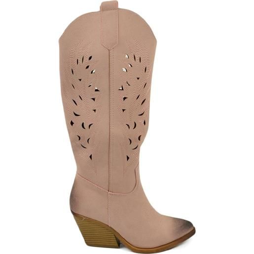 Malu Shoes stivali donna camperos texani rosa cipria scamosciato forato tacco western comodo gomma altezza ginocchio estivo