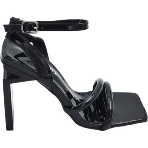 Malu Shoes sandali tacco donna in ecopelle lucida nera con fascette sottili tacco doppio asimmetrico 10cm chiusura zip