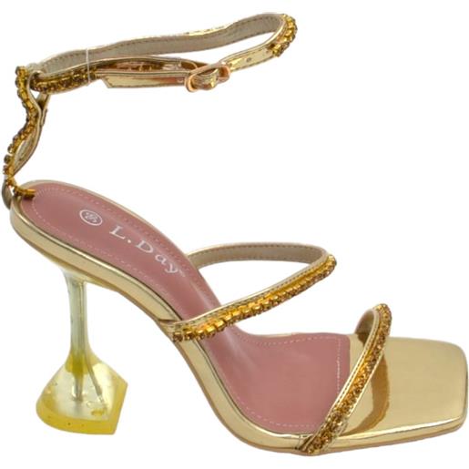 Malu Shoes sandali donna cerimonia a 3 fasce piede nudo con cavigliera oro brillantini tacco trasparente 10 martini elegante