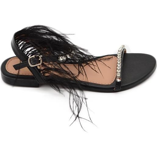 Malu Shoes pantofoline allacciata alla caviglia donna piume peluche con applicazioni nero fascetta strass moda glamour