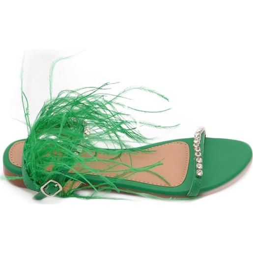 Malu Shoes pantofoline allacciata alla caviglia donna piume peluche con applicazioni verde bosco fascetta strass moda glamour