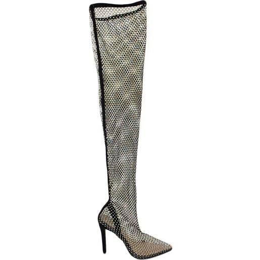 Malu Shoes stivale alto strike completamente trasparente in rete e strass con tacco spillo 12 cm elastico aderente sopra ginocchio