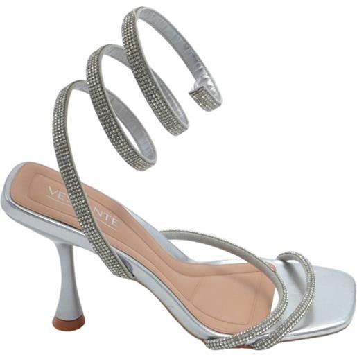 Malu Shoes sandali donna gioiello argento con tacco 10 cm serpente rigido che si attorciglia alla gamba regolabile brillantini