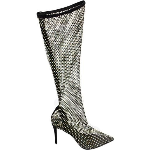 Malu Shoes stivale alto strike completamente trasparente in rete e strass con tacco a spillo 12 cm elastico aderente al ginocchio