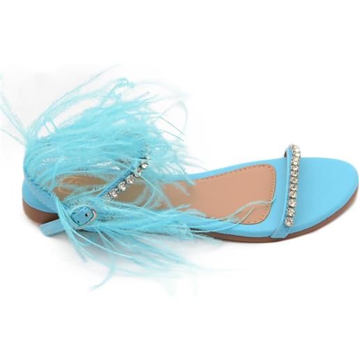 Malu Shoes pantofoline allacciata alla caviglia donna piume peluche con applicazioni azzurro cielo fascetta strass moda glamour