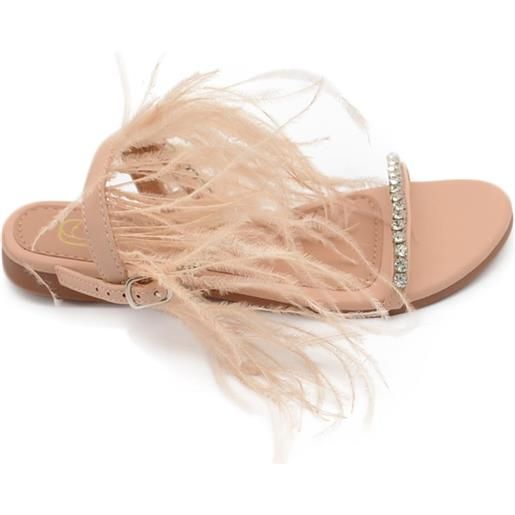 Malu Shoes pantofoline allacciata alla caviglia donna piume peluche con applicazioni beige nude fascetta strass moda glamour