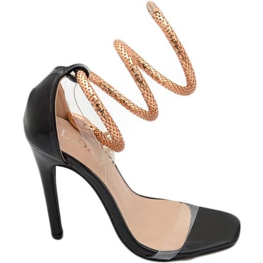 Malu Shoes sandali tacco donna con fasce trasparenti tacco 12 a spillo e accessorio serpente alla schiava in metallo nero