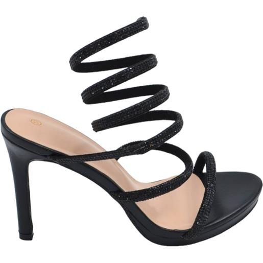 Malu Shoes sandali donna gioiello nero tacco 12 cm e plateau serpente rigido si attorciglia alla gamba regolabile brillantini