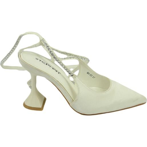 Malu Shoes scarpe decollete mules donna elegante punta in raso bianco tacco martini 9 cerimonia con allacciatura schiava strass