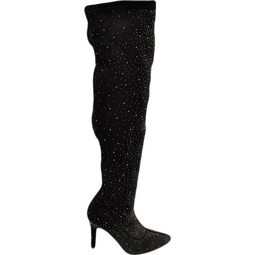 Malu Shoes stivale donna a punta alto sopra al ginocchio camoscio nero ricoperto di strass tacco a spillo 12 cm aderente con zip
