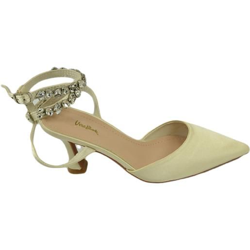 Malu Shoes scarpe decollete mules donna elegante punta in raso beige tacco10 cerimonia allacciatura alla caviglia con strasopen toe