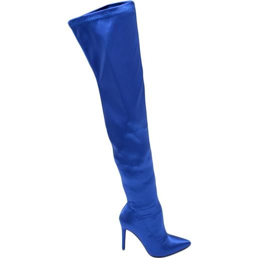 Malu Shoes stivale donna a punta alto in raso elastico bluette sopra al ginocchio tacco a spillo 12 cm semilucido aderente con zip