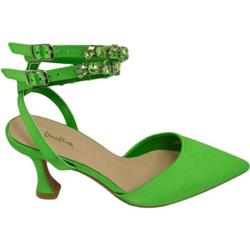 Malu Shoes scarpe decollete mules donna elegante punta in raso verde tacco10 cerimonia allacciatura alla caviglia con strasopen toe