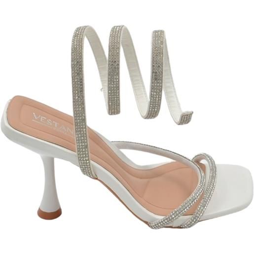 Malu Shoes sandali donna gioiello bianco con tacco 10 cm serpente rigido che si attorciglia alla gamba regolabile brillantini