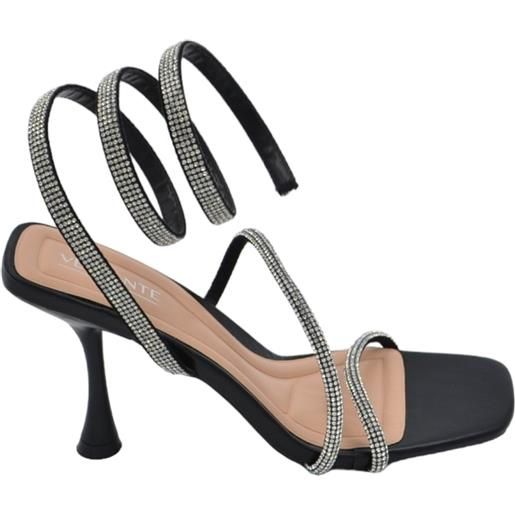 Malu Shoes sandali donna gioiello nero con tacco 10 cm serpente rigido che si attorciglia alla gamba regolabile brillantini
