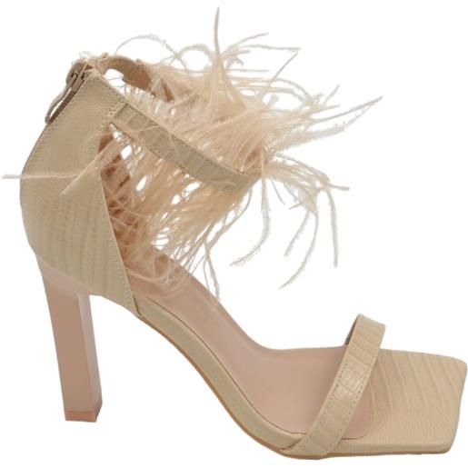 Malu Shoes sandali tacco donna in pelle stampa cocco beige nude con fascette piume tacco doppio 12cm chiusura zip