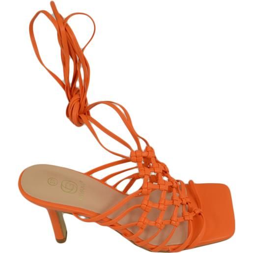 Malu Shoes sandali donna tacco alto a spillo comodo arancione fantasia uncinetto alla schiava con lacci punta quadrata moda eventi