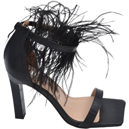 Malu Shoes sandali tacco donna in pelle stampa cocco nero con fascette piume tacco doppio 12cm chiusura zip