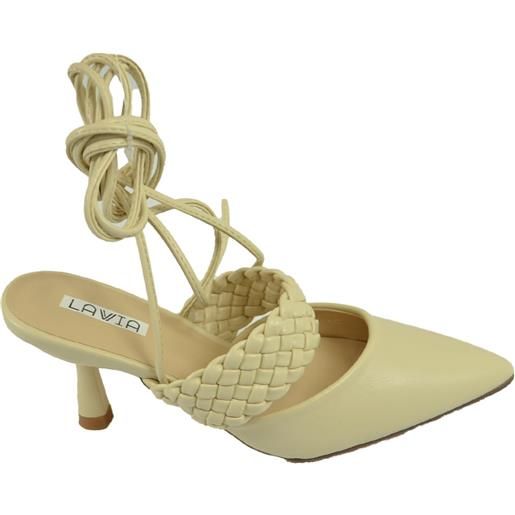 Malu Shoes decollete' donna tacco sottile 5 comfort beige intrecciato allacciatura alla schiava open toemorbido moda glamour evento