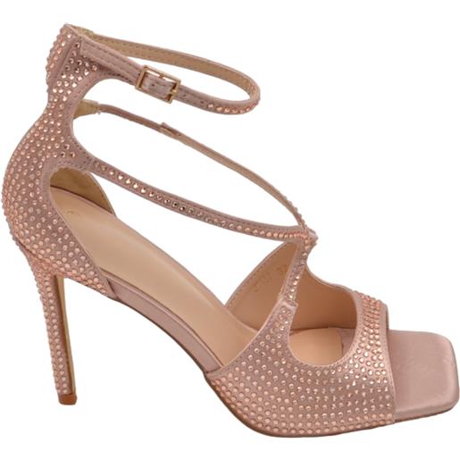 Malu Shoes sandali tacco donna fascette in tessuto oro rosa strass tono su tono cinturino alla caviglia tacco a spillo comodo 12cm