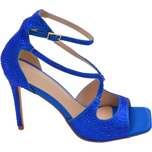 Malu Shoes sandali tacco donna fascette in tessuto blu e strass tono su tono cinturino alla caviglia tacco a spillo comodo 12cm