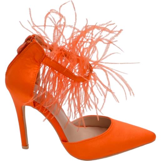 Malu Shoes decollete donna a punta in raso semilucido arancione liscio con piume tacco sottile 12cm aderente chiusura alla caviglia