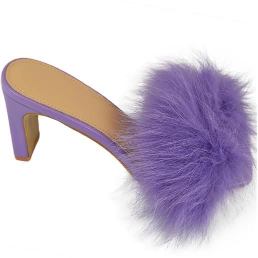 Malu Shoes scarpe donna mules col tacco viola pastello pelliccia rosa con tacco doppio 9 cm sabot sandalo moda tendenza