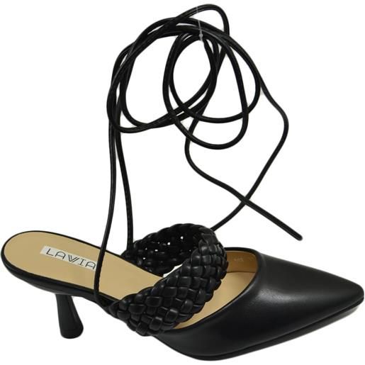 Malu Shoes decollete' donna tacco sottile 5 comfort nero intrecciato allacciatura alla schiava open toe morbido moda glamour evento