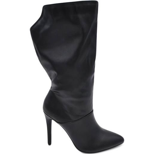 Malu Shoes stivali tronchetti donna alti in ecopelle nero al polpaccio a punta liscio con zip modello over tacco spillo 10cm
